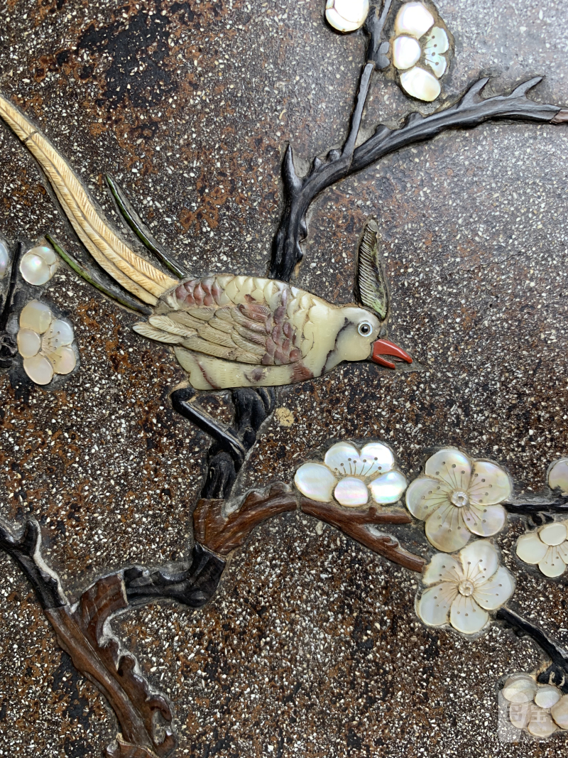 清 黑漆洒螺钿百宝嵌花鸟纹插屏 - 图7